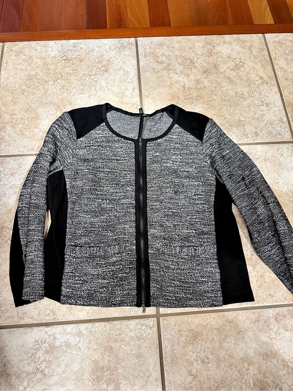 Eileen Fisher Organic Cotton Tweed Stand Collar Jacket Black & White
